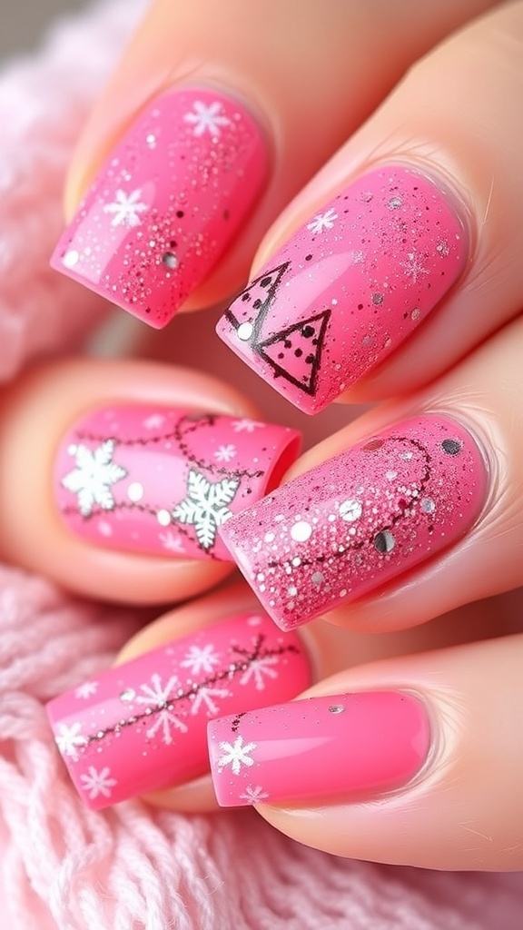 Close-up of pink Christmas nail art with glitter and festive designs.